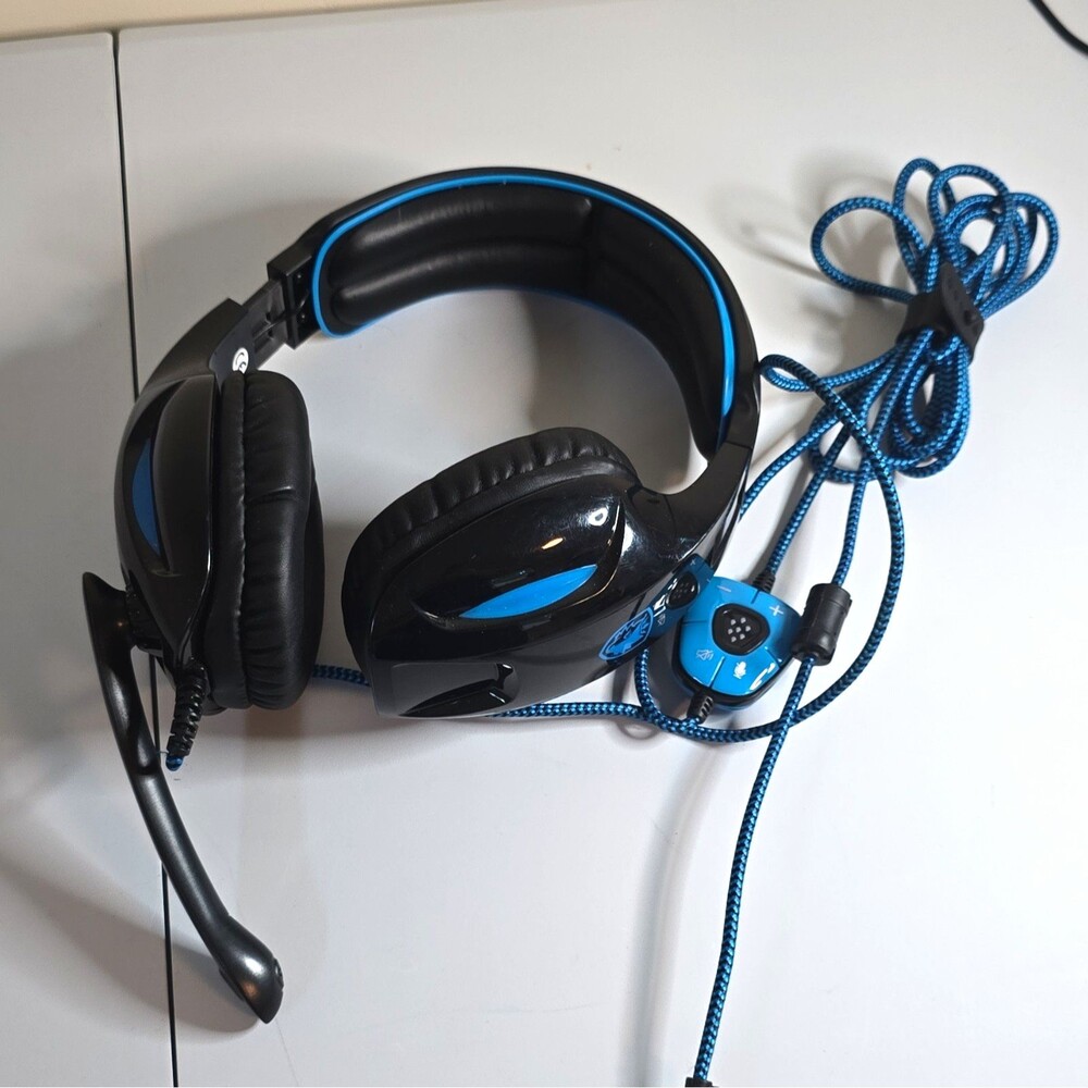 SADES SA-902 USB Wired Over-Ear Headset Boom Mic, Volume/Mute, Black/Blue